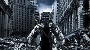 person in black gas mask near building digital wallpaper