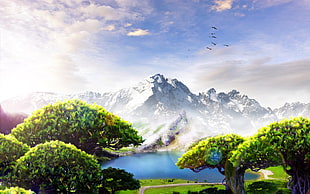green leafed trees near body of water painting, mountains, nature, fantasy art, digital art