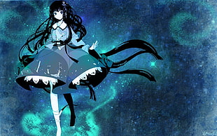 black-haired female anime character wearing blue and green dress