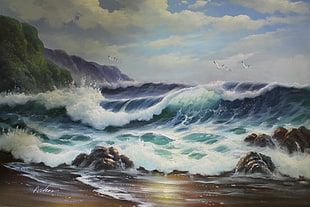 painting of sea waves hitting on seashore, nature, water, sea, waves