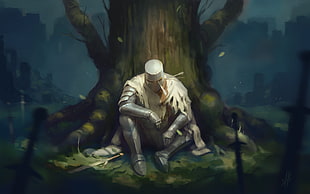 movie character sitting on tree digital wallpaper, Dark Souls, video games, sword, trees