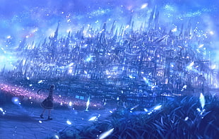blue and white abstract painting, magic, grass, building, fantasy art