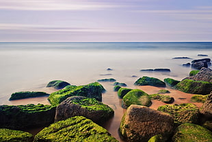 green rocks, landscape, sea, sky, horizon