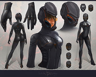 black outfit illustration, science fiction, armor, high heels