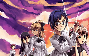 five female anime character wearing white long-sleeved top graphic