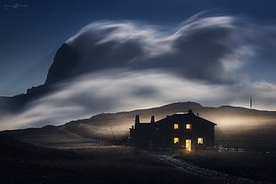 black and white concrete building, house, wind, mountains, clouds
