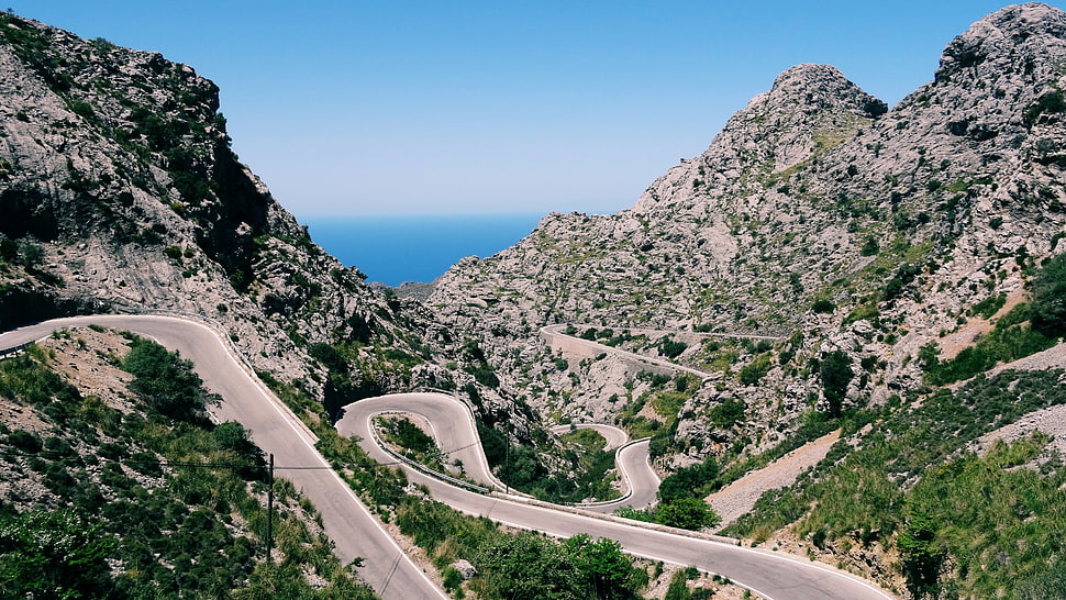 gray road, mountains, forest, rocks, Mayorque HD wallpaper