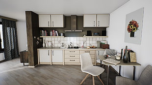 white wooden kitchen cabinet set, room