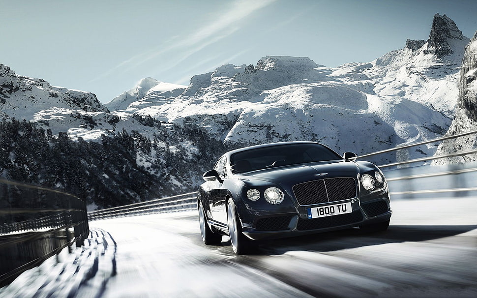 black luxurious car, mountains, bridge, winter, Bentley HD wallpaper