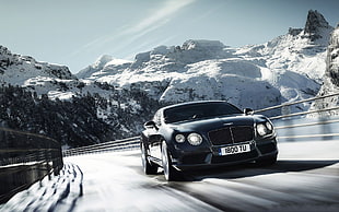 black luxurious car, mountains, bridge, winter, Bentley