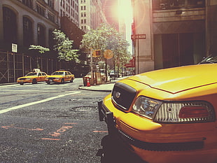 yellow Ford Crown Victoria taxi near building HD wallpaper