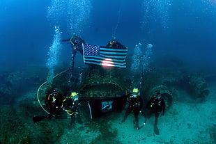 USA flag, scuba, American flag, pow, divers HD wallpaper