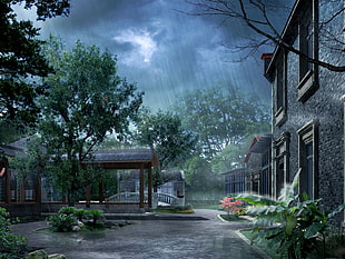 photography of house during rain graphic HD wallpaper