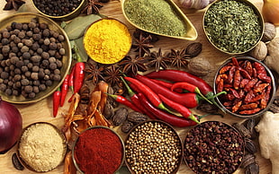 assorted spices and seasonings, food, chilli peppers