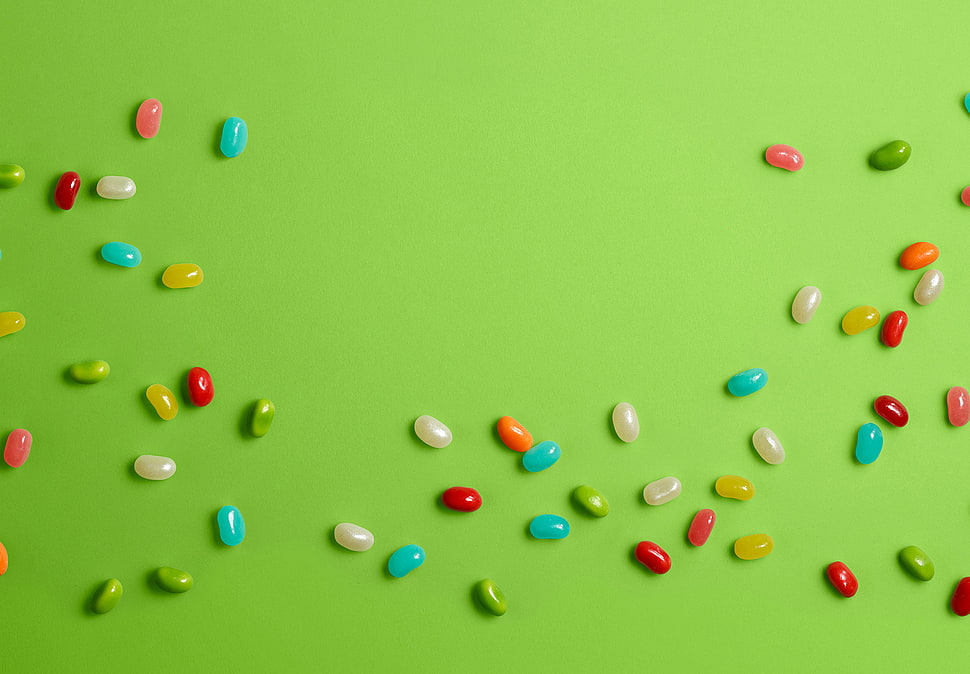 assorted-color beans, Android (operating system), green background, digital art HD wallpaper