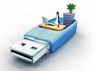penguin using computer on USB Flash Drive illustration
