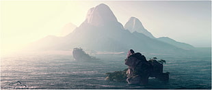 rock formation, mountains, sea, render, 3D HD wallpaper