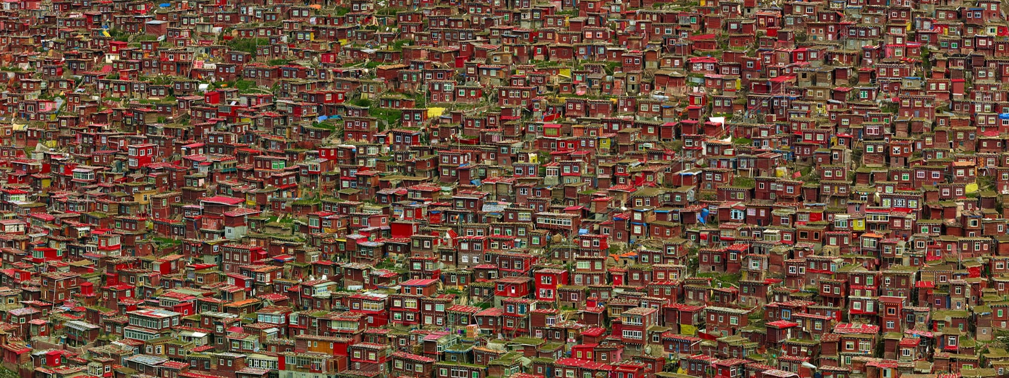 red and green village, landscape, house, monastery, Tibet