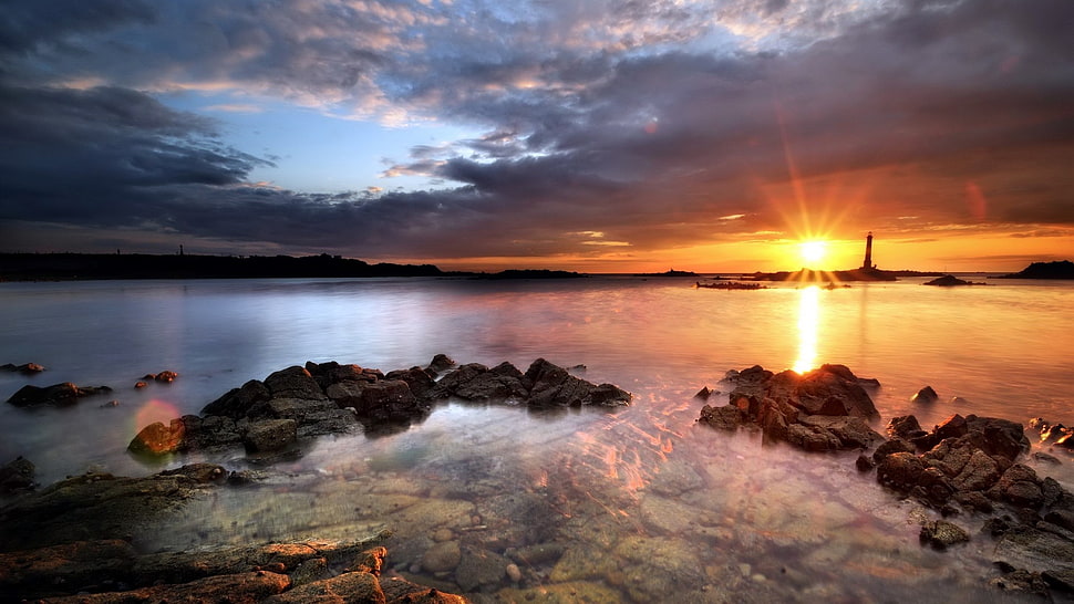 body of water, sea, nature, sunset, rock HD wallpaper