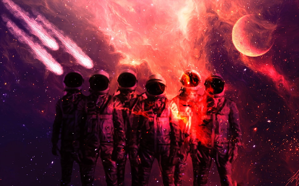 six astronauts illustration, space, astronaut, Moon, comet HD wallpaper