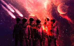 six astronauts illustration, space, astronaut, Moon, comet
