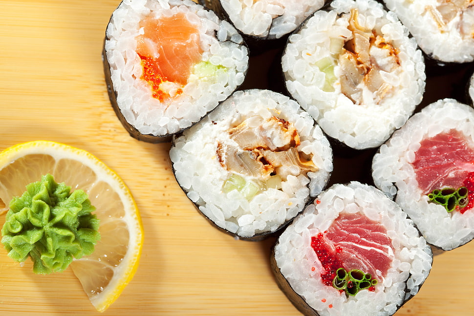 sushi foods beside slice of lemon HD wallpaper