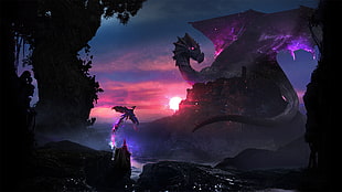 digital wallpaper of purple dragon resting on mountain