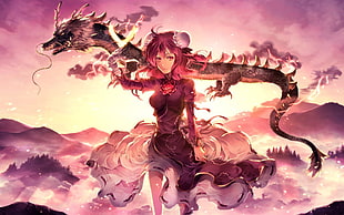 female anime and black dragon background graphic wallpaper