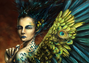 Peacock woman illustration HD wallpaper