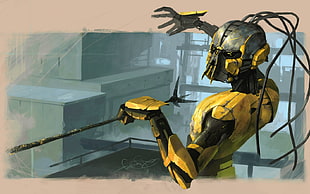 yellow and gray robot character illustration HD wallpaper