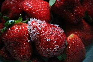 selective focus photography of strawberry with shredded ice