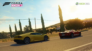 Forza Horizon 2 screenshot, Forza Horizon 2, Lamborghini Huracan, Ford GT, video games HD wallpaper