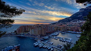 white boat lot, Monaco, sunset, coast, boat