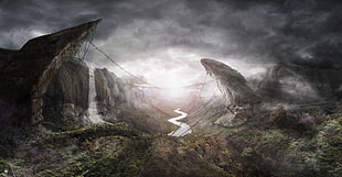 mountain and water stream digital wallpaper, fantasy art, valley HD wallpaper
