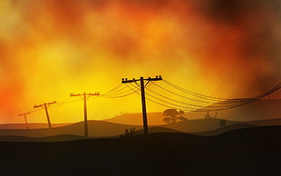 electric post under orange sky illustration, power lines, sunlight, landscape, sky HD wallpaper