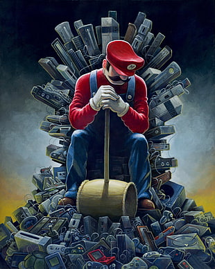 Mario sitting on throne made of consoles illustration HD wallpaper
