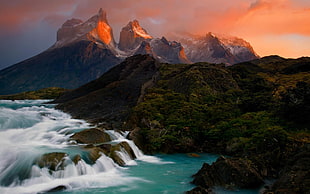 waterfalls and mountain range, nature, mountains, hills, river HD wallpaper