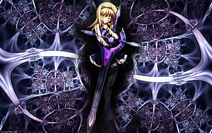 female character holding purple and black sword