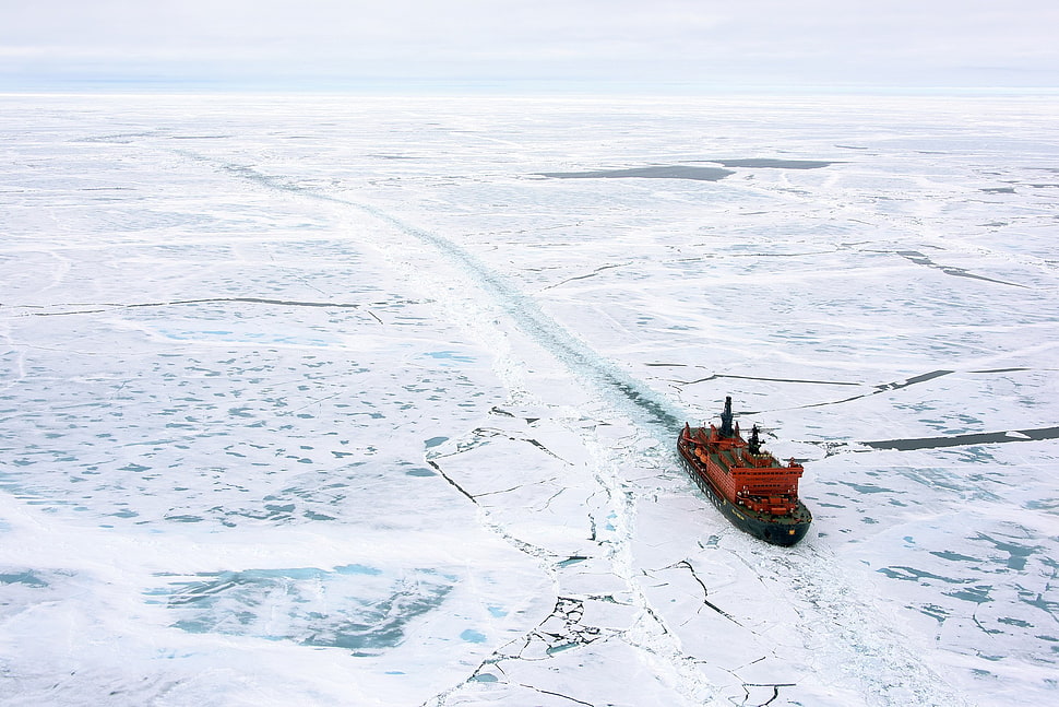 red and black boat, ice, Arctic, ship, icebreakers HD wallpaper