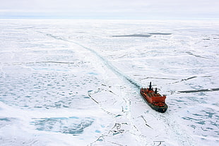 red and black boat, ice, Arctic, ship, icebreakers