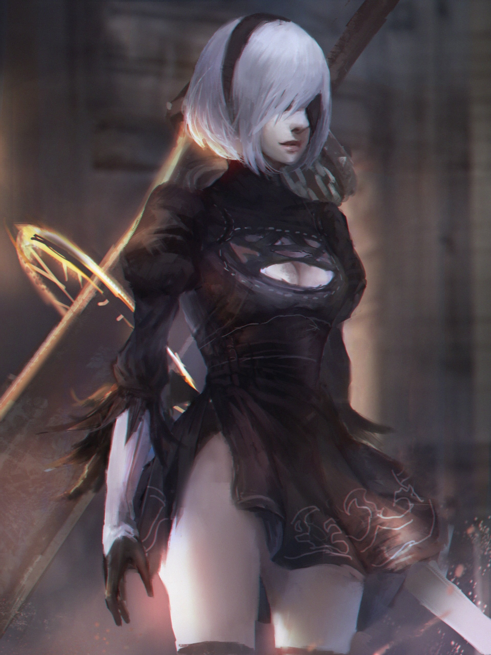 Nier Automata 2B, fantasy art, sword, Nier: Automata, NieR