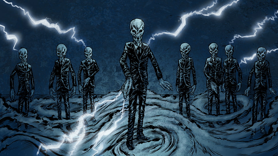 skeletons illustration, skull, digital art, aliens, fantasy art HD wallpaper