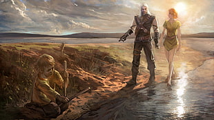 man and woman walks beside leaning boy painting, The Witcher, video games, Geralt of Rivia, Shani