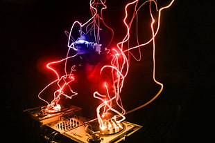 silver DJ mixer controller, music, artwork, turntables