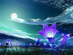 purple petaled flowers under white moon with clouds during nighttime