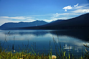blue body of water and silhouette of mountain during daytime, lake mcdonald