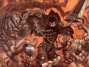 man with sword illustration, Kentaro Miura, Berserk, Guts, warrior