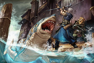 man fighting shark digital wallpaper, artwork, warrior, shark, water