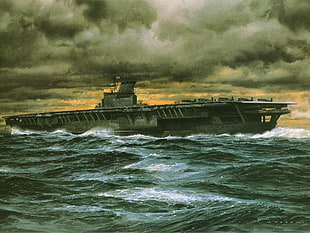 gray cargo ship, warship, ship, aircraft carrier, military