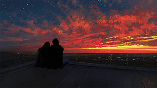 couple sitting under clouds, artwork, Aenami